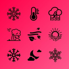 Vector icon set about weather with 9 icons related to detail, snowstorm, product, ornament, moonlight, lotus, year, design, cloudy and chasing