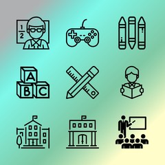 Vector icon set about education with 9 icons related to colored, joy, lifestyle, vintage, template, male, kid, sitting, wisdom and blackboard