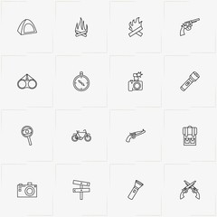 Adventure line icon set with binocular, bicycle and photo camera