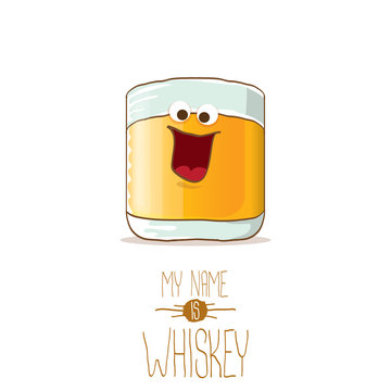 vector funny whiskey glass character isolated on white background. My name is whiskey vector concept. funky hipster alcohol character icon for bars label or menu