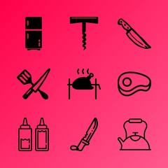 Obraz premium Vector icon set about kitchen with 9 icons related to sharp, celebration, large, pub, metal, kettle, cool, morning, blur and fork