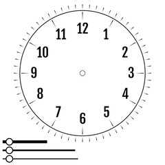 Clock face round. Design for men. Blank display dial of mechanical, electrical device with figures for measuring time, hours, minutes, seconds hands. Vector