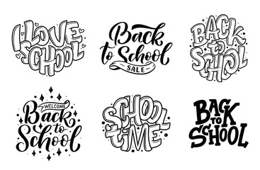 Set of Welcome back to school lettering quotes. Back to school sale tag. Vector Hand drawn lettering badges. Typography emblem set