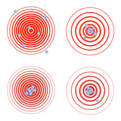 Set of red pain rings. Symbol of growing physical pain, suffering and body disorder, distress, injury, illness. Vector flat style cartoon illustration isolated on white background