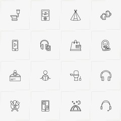 Activities line icon set with mobile chatting, tent and beer