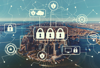 Cyber security with aerial view of Manhattan, NY skyline