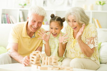grandparents and granddaughter with wooden blocks