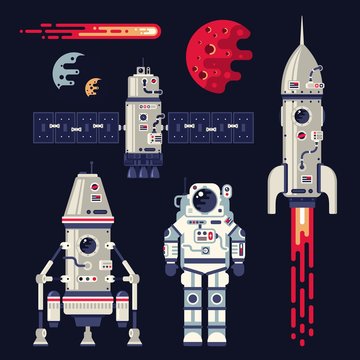 Rocket, space ship, satellite, spacesuit, planet and comet - set of cosmic design elements