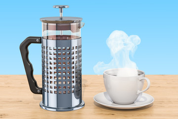 French Press Coffee or Tea Maker with cup of tea on the wooden table. 3D rendering