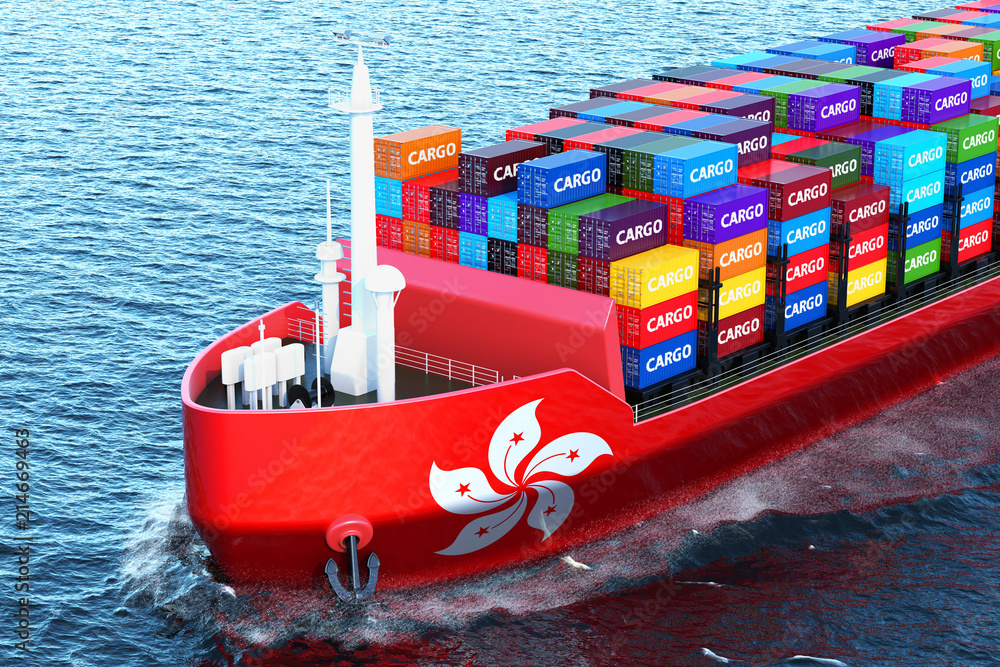 Poster hong kong freighter ship with cargo containers sailing in ocean, 3d rendering