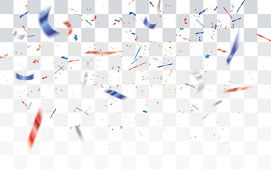Realistic falling defocused white,red and blue confetti isolated on transparent checkered background.Vector illustration.