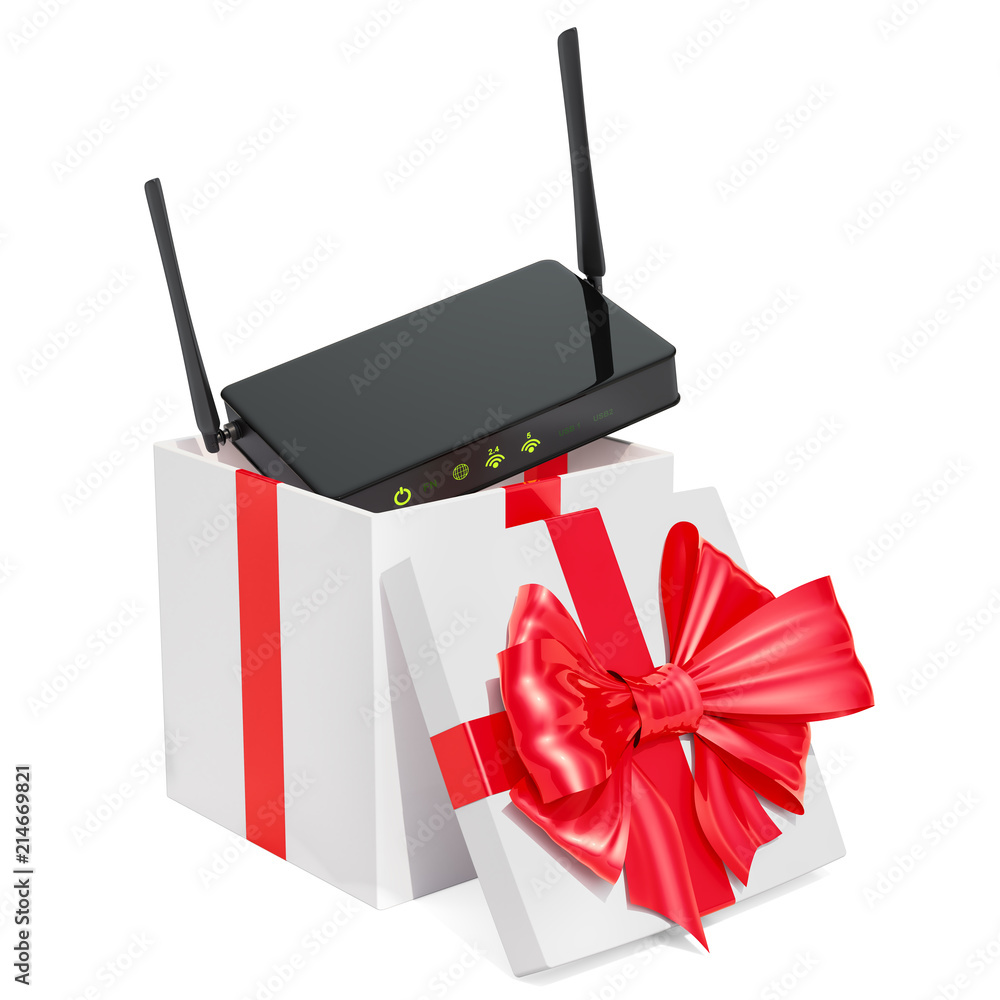 Aufkleber wireless internet router in gift concept. 3d rendering