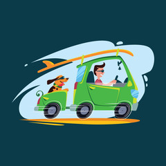 Planning summer vacations, man with dog travel by car with trailer and surfboard, World Travel, Summer holiday,Tourism and vacation theme. Flat design vector illustration.