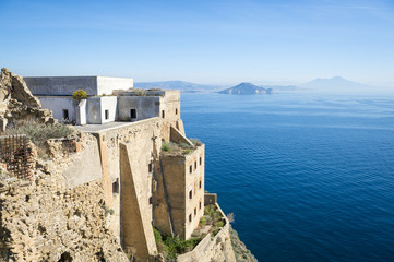 View from the abandoned walls of Terra Murata on Procida across the Bay of Naples to the mainland.