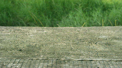 Wooden old board as a decorative plane with empty space with a background of green grass.Web banner with copy space.