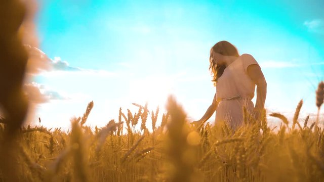 girl is walking lifestyle along the wheat field nature slow motion video. beautiful girl in white dress running nature freedom happiness hands to the side on field at sunset light and the blue sky