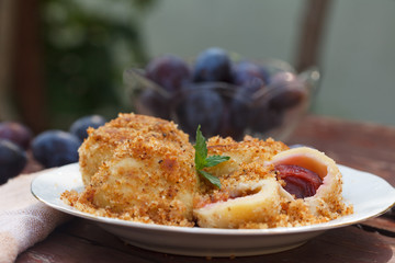 Delicious dumplings with plums on white plate. Hungarian traditional dessert.