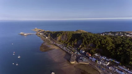 Editorial Swansea, UK - July 22, 2018: Aerial view of the Mumbles in Swansea, featuring the slipway, knab rock, the pier and lighthouse