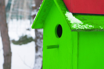 Multi-colored birdhouses in the trees in the city Park. Winter.