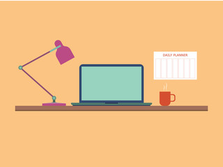 Flat style work table with notebook, lamp and coffee mug. Daily planner hangs on the wall near table. Vector illustration.