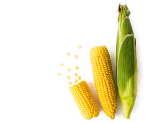 Ripe corn in the leaves and brushed with scattered seeds on a white. The view from the top.