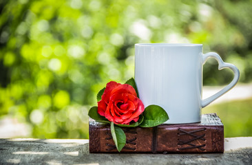 Cup of tea and a red rose.