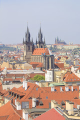Naklejka na ściany i meble Beautiful view of the Old Town Square, and Tyn Church and St. Vitus Cathedral in Prague, Czech Republic
