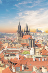 Fototapeta na wymiar Beautiful view of the Old Town Square, and Tyn Church and St. Vitus Cathedral in Prague, Czech Republic