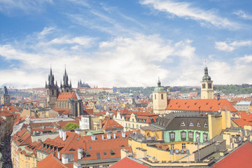 Fototapeta na wymiar Beautiful view of the Old Town Square, and Tyn Church and St. Vitus Cathedral in Prague, Czech Republic