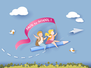 Back to school 1 september card. Children flying on pencil with air balloons. Paper cut style. Vector illustration