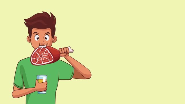 Young man eating meat wit juice High definition colorful scenes animation