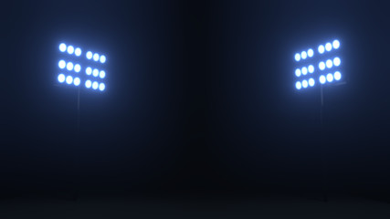 Soccer stadium lights reflectors against black background. Floodlights 3D render in volumetric fog