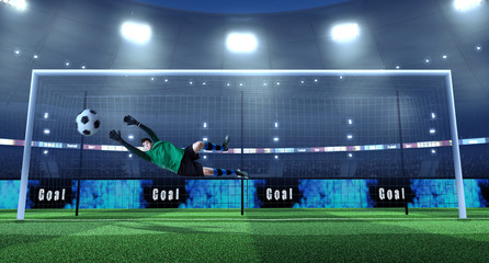 Soccer goalkeeper in unbranded cloth in action on the 3D soccer stadium. Crowd was made in 3D.