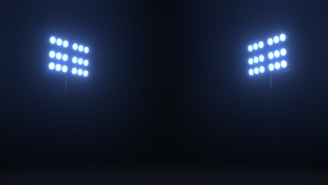 Soccer stadium lights reflectors against black background. Floodlights 3D render in volumetric fog