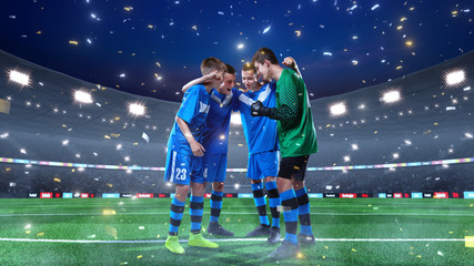 Young soccer team in front of the goal on professional soccer stadium. Crowd and stadium made in 3D