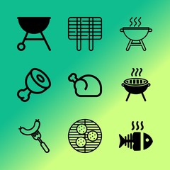 Vector icon set about barbecue with 9 icons related to dining, icon, sunny, farm, menu, rooster, beef, protein, group and gourmet