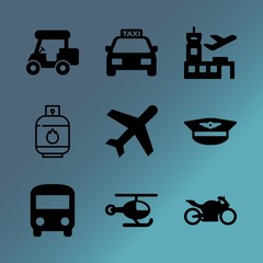 Vector icon set about transport with 9 icons related to city, facing, production, sunset, building, taxi, lounge, aviation, view and factory