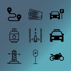 Obraz premium Vector icon set about transport with 9 icons related to car, tourism, catwalk, offshore, vehicle, station, baby, gate, sunset and sign