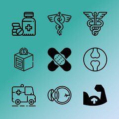 Vector icon set about medicine with 9 icons related to human, ophthalmology, strip, drugstore, red, urgent, urban, wound, education and adult