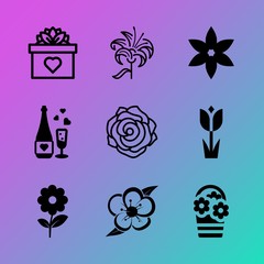 Vector icon set about flowers with 9 icons related to sweet, yellow, bloom, wine, green, bow, burn, golden, holidays and space