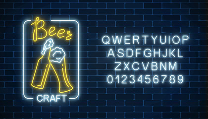 Glowing neon beer craft signboard in rectangle frame and alphabet. Luminous advertising sign of night club with bar.