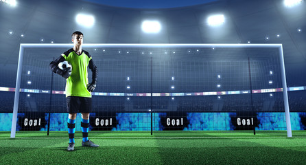 Young soccer player with ball in front of the goal on a professional 3D stadium