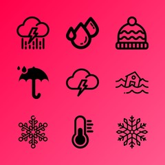 Vector icon set about weather with 9 icons related to season, thunder, yarn, sunk, high, science, city, instrument, control and decoration