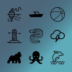 Vector icon set about sea with 9 icons related to clear, africa, wildlife, outdoor, underwater, flipper, silhouette, security, rain and hawaii