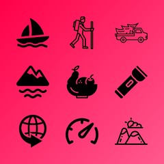 Fototapeta premium Vector icon set about fitness and sport with 9 icons related to high, liberty, cooking, yacht, table, top, automobile, navigation, auto and food