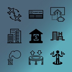 Vector icon set about building with 9 icons related to problem, solving, clouds, communication, pool, waiting, loan, urban, vector and brainstorming