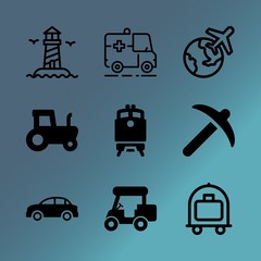 Vector icon set about transport with 9 icons related to delivery, bag, car, air, clinic, crop, care, departure, equipment and rescue