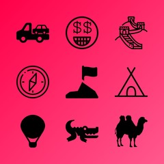 Vector icon set about travel and tourism with 9 icons related to singapore, holiday, tribal, collection, china, cloud, map, businessman, background and philippines