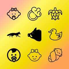 Vector icon set about baby with 9 icons related to agriculture, livestock, white, people , toy, mother, boar, childhood, hunter and boy