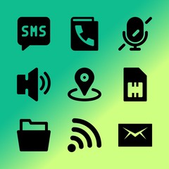 Vector icon set about mobile device with 9 icons related to simcard, data, talk, media, shopping, globe, stationery, telecommunications, corporate and engineering